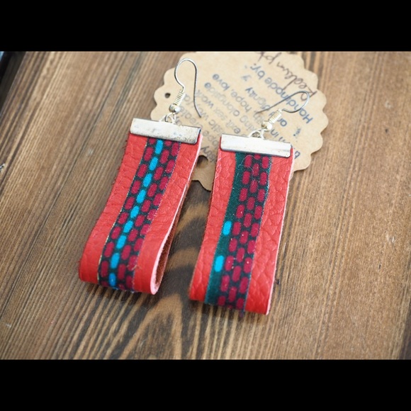 Handmade Dangle Earrings - Red W/ Colorful Ribbon - Picture 2 of 2